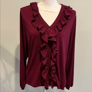 ADRIANNA PAPELL size L pit to pit 22 Ruffled Burgundy Women's Top
